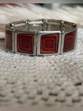 Vintage Spoutnik Red Enamel Stretch Bracelet | Mid-Century Mod Geometric Jewelry